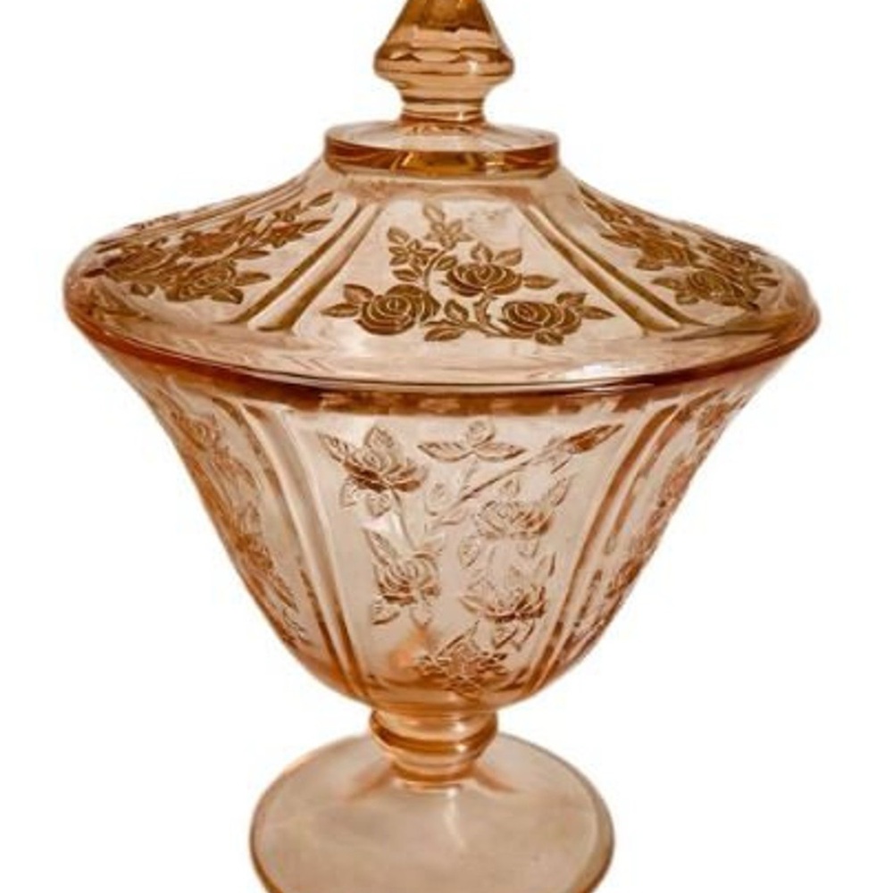 Vintage Sharon Pink Federal Glass Candy Dish / Jar With Lid 1930's